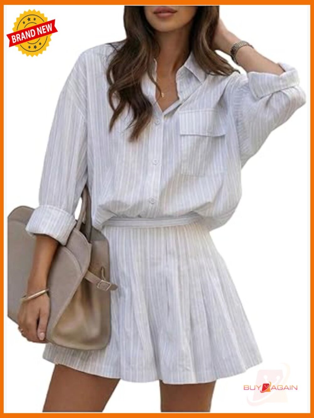 Striped Button Down Shirt & Pleated Skirt 2 Piece Set